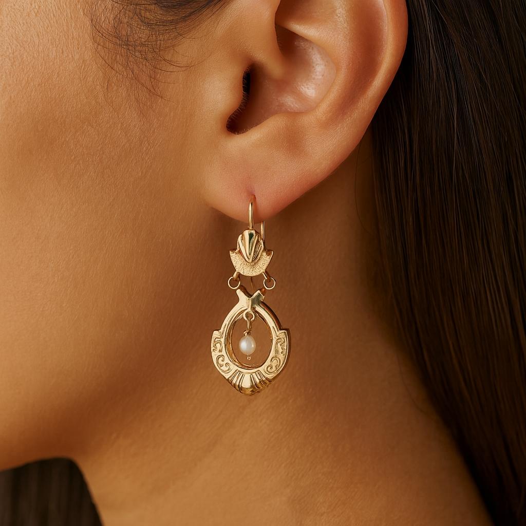 Vintage 14k yellow gold Victorian Styled Drop Earrings with Freshwater Pearls