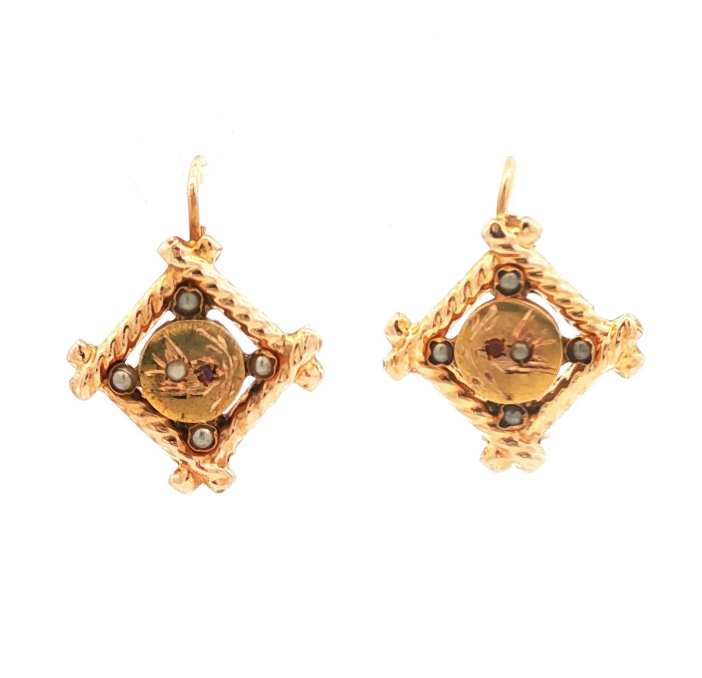 Victorian 18k Sparrow Wire Style Earrings with Seed Pearls and Garnets