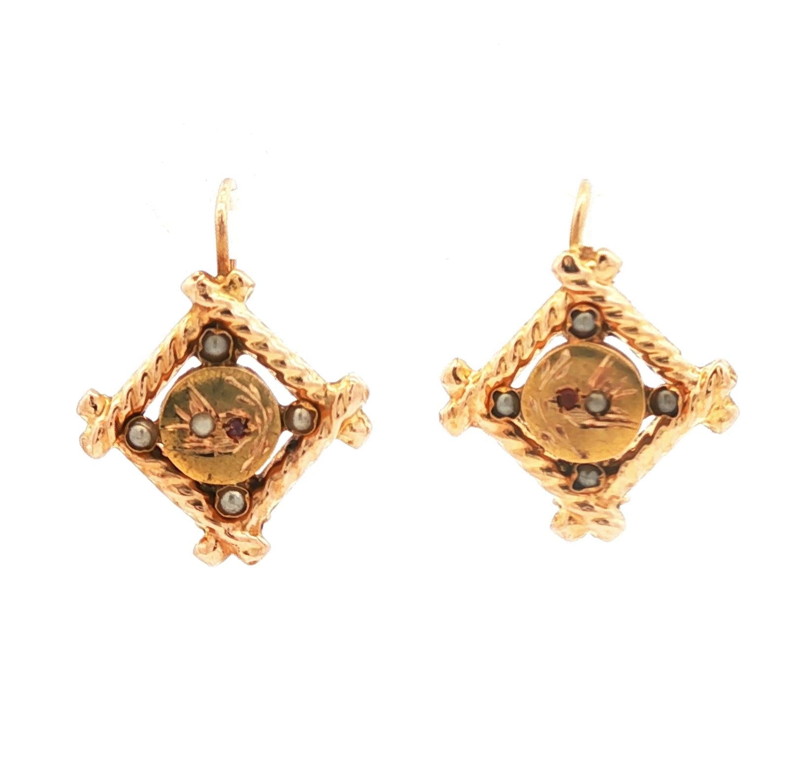 Victorian 18k Sparrow Wire Style Earrings with Seed Pearls and Garnets