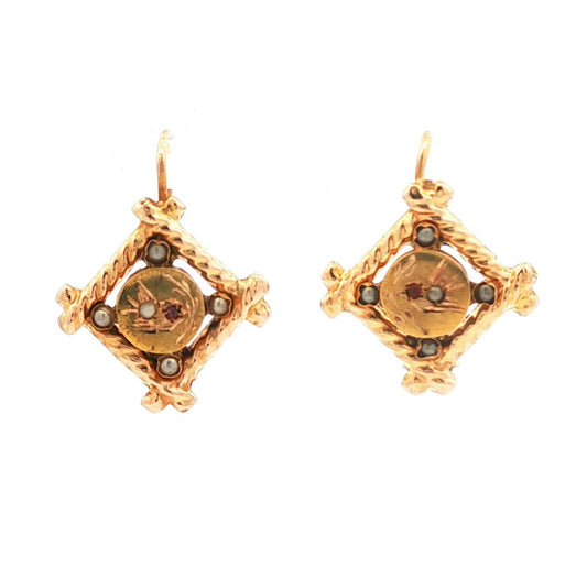 Victorian 18k Sparrow Wire Style Earrings with Seed Pearls and Garnets