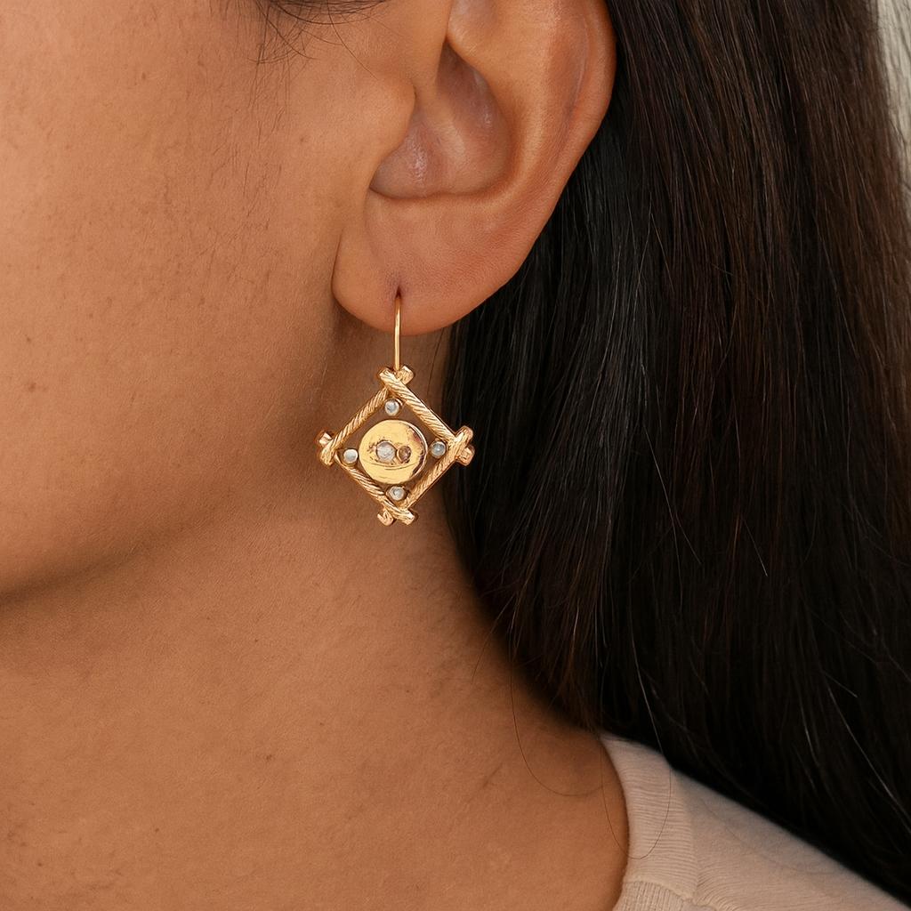 Victorian 18k Sparrow Wire Style Earrings with Seed Pearls and Garnets