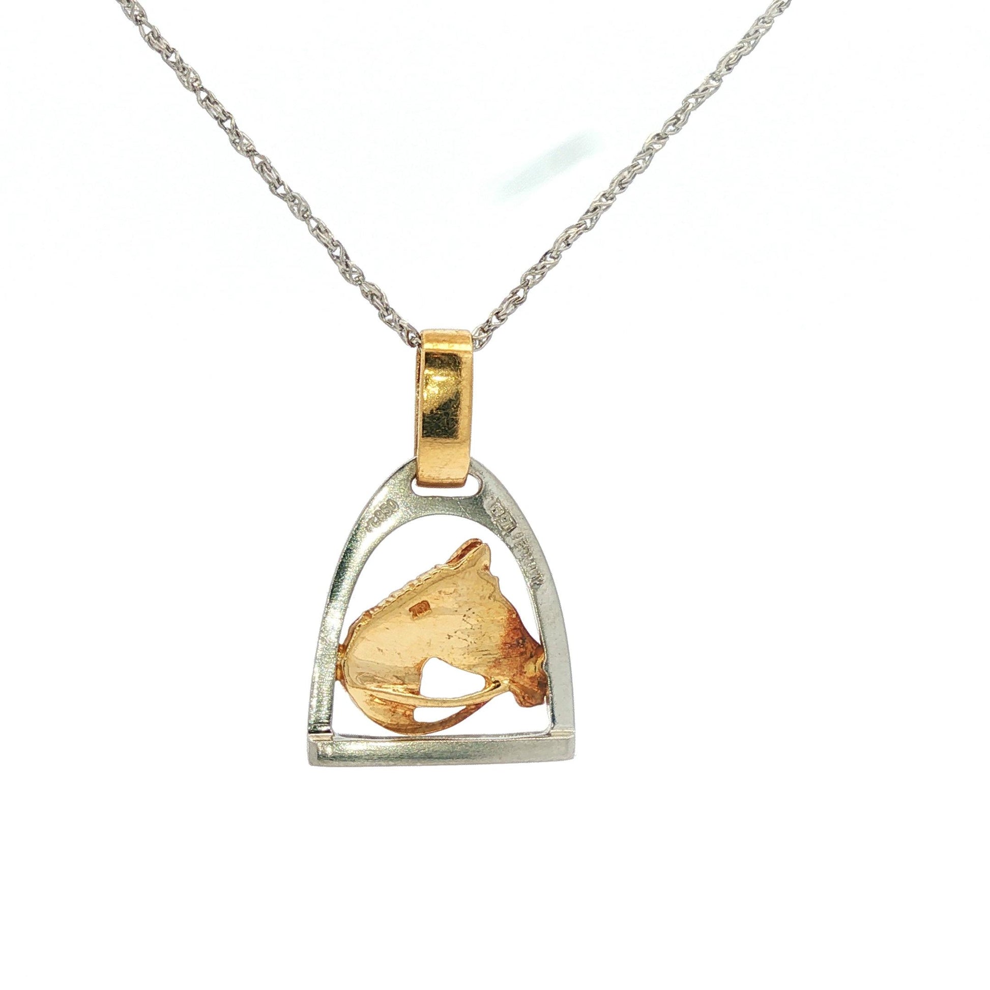 Platinum and 18k Horse Head and Stirrup Pendant on a 20" Platinum Chain