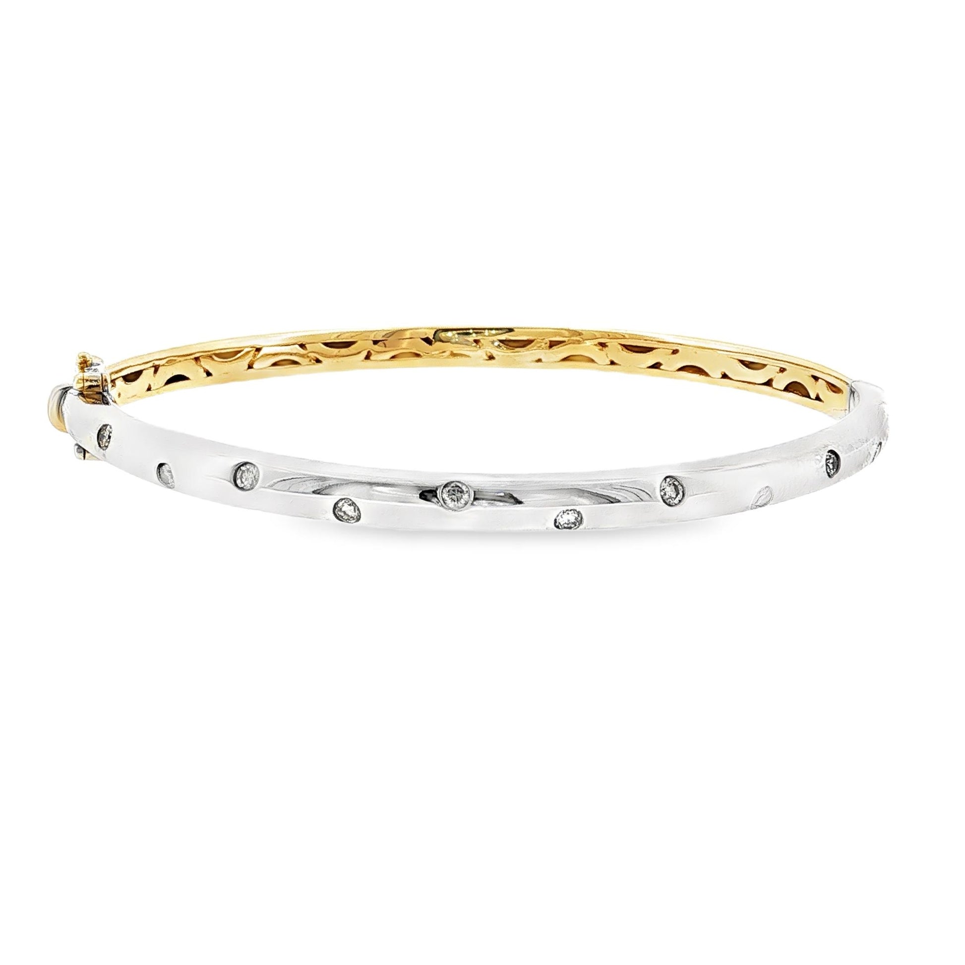 Late 20th Century 14 karat Two Tone Flush Set Diamond Hinged Bracelet
