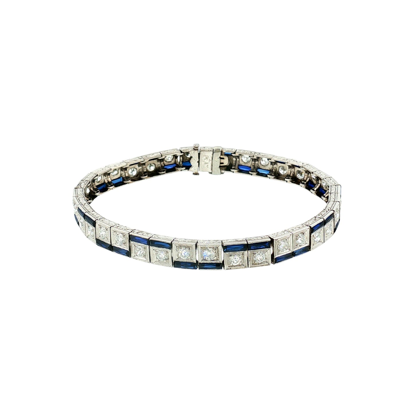 Art Deco Platinum Synthetic Calibre Cut Sapphire and Diamond Bracelet
