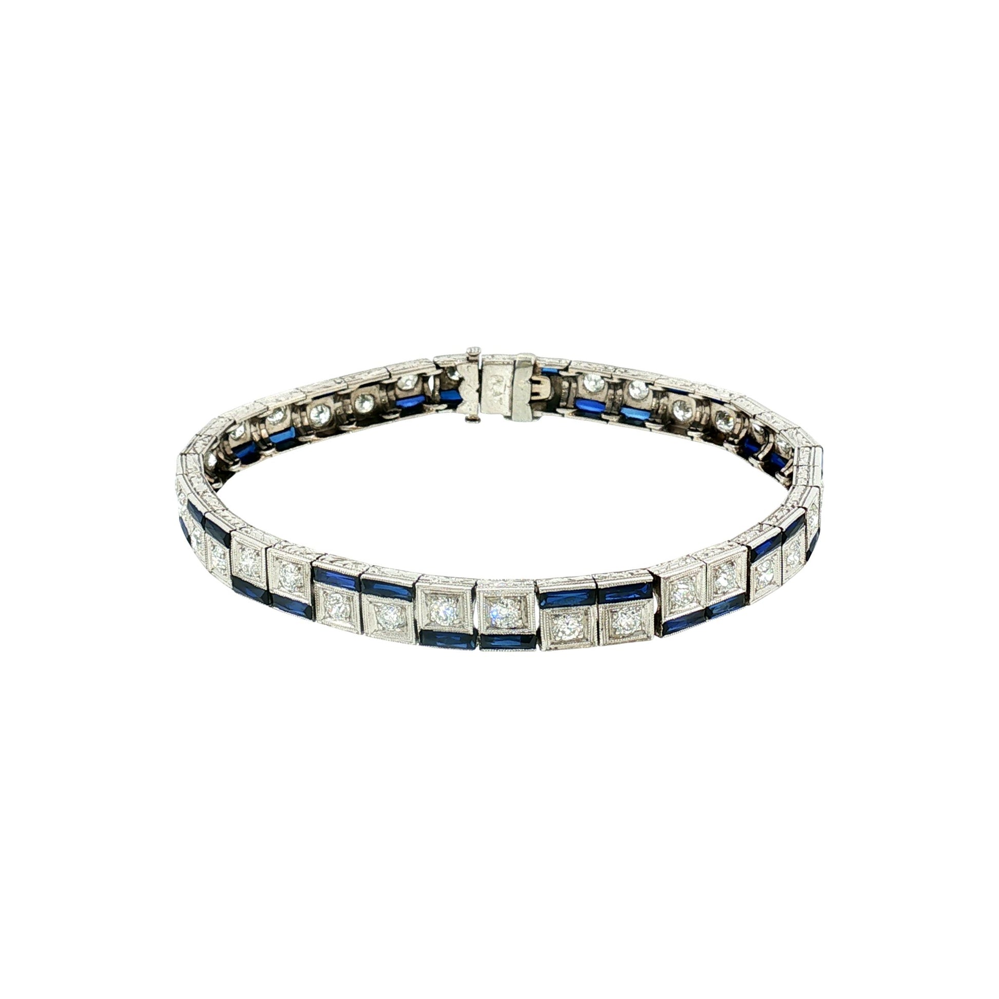 Art Deco Platinum Synthetic Calibre Cut Sapphire and Diamond Bracelet