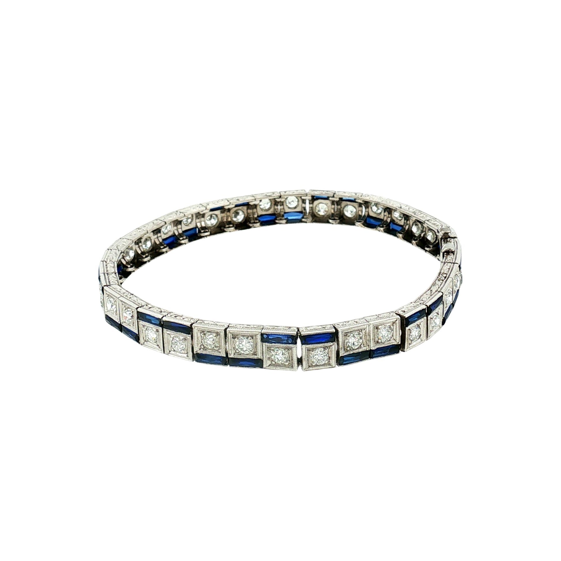 Art Deco Platinum Synthetic Calibre Cut Sapphire and Diamond Bracelet