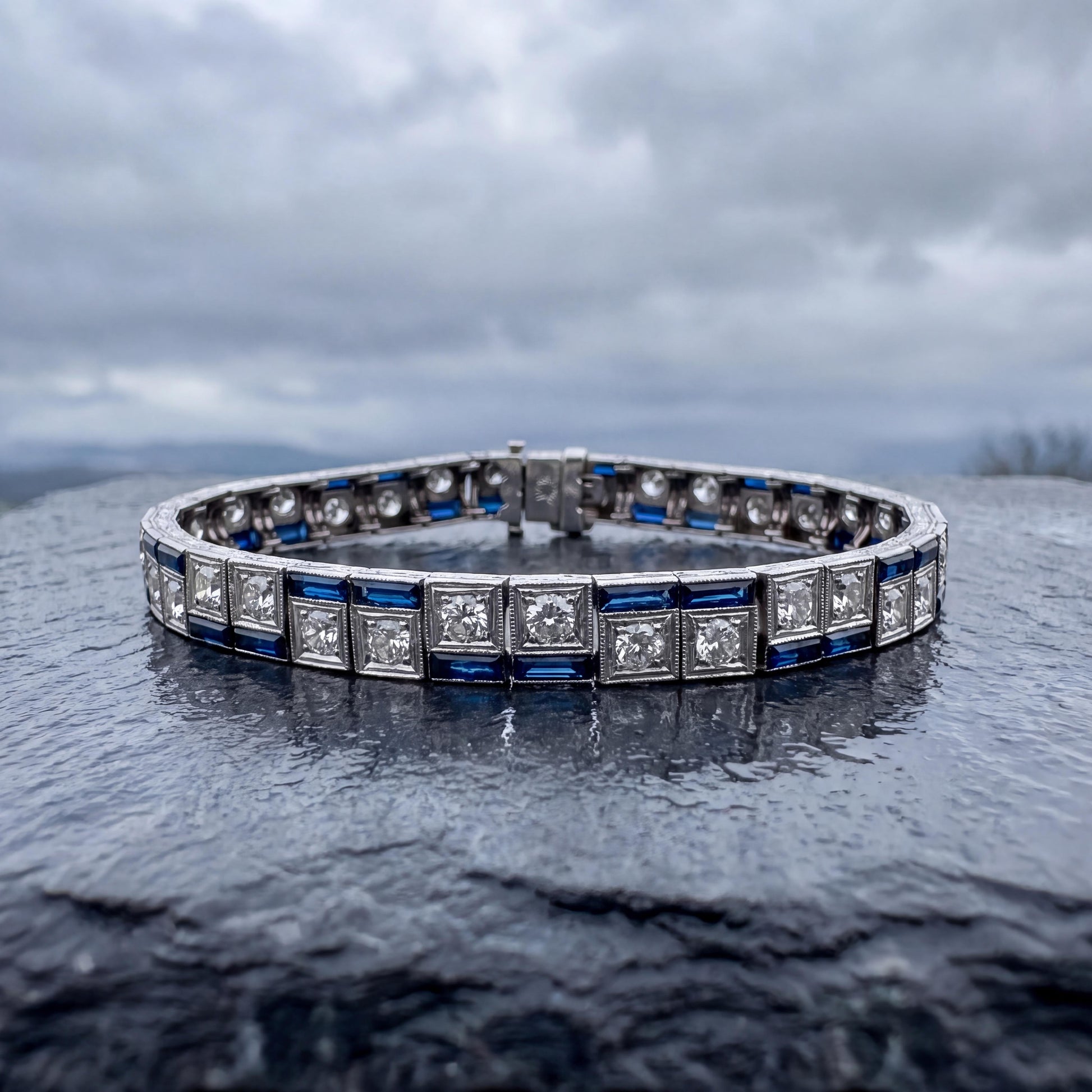 Art Deco Platinum Synthetic Calibre Cut Sapphire and Diamond Bracelet