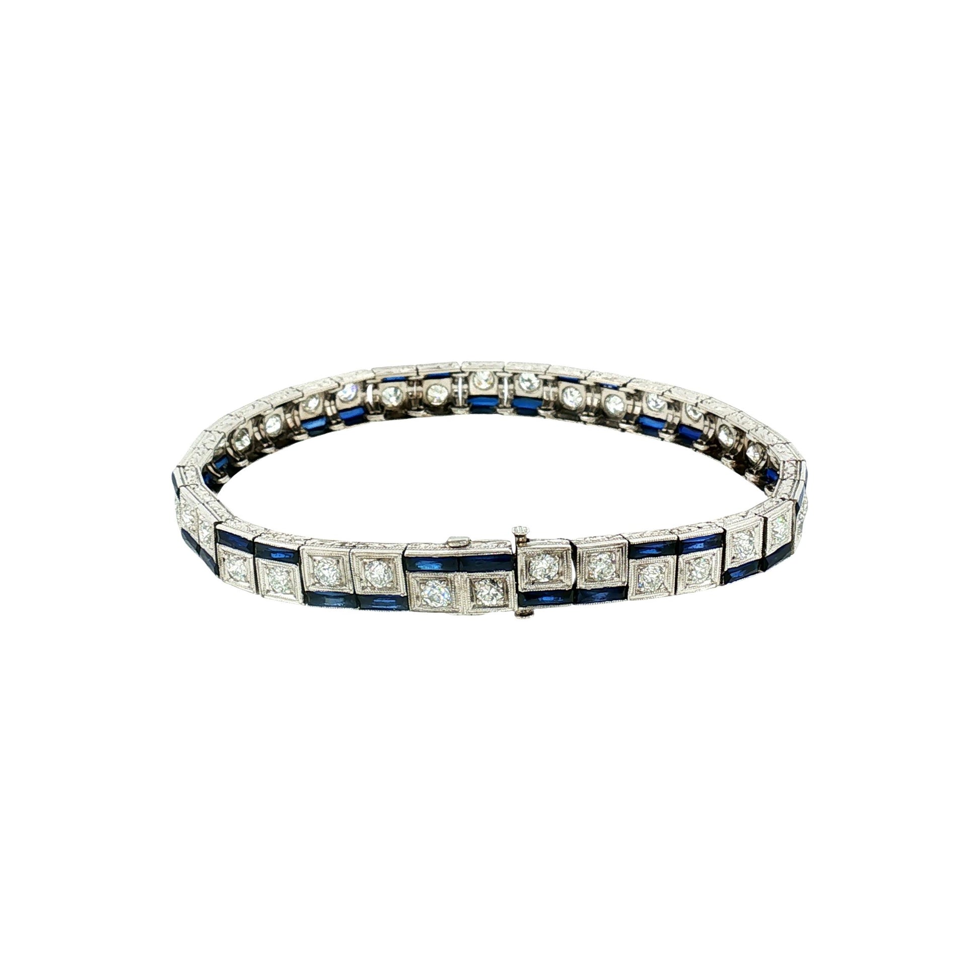 Art Deco Platinum Synthetic Calibre Cut Sapphire and Diamond Bracelet