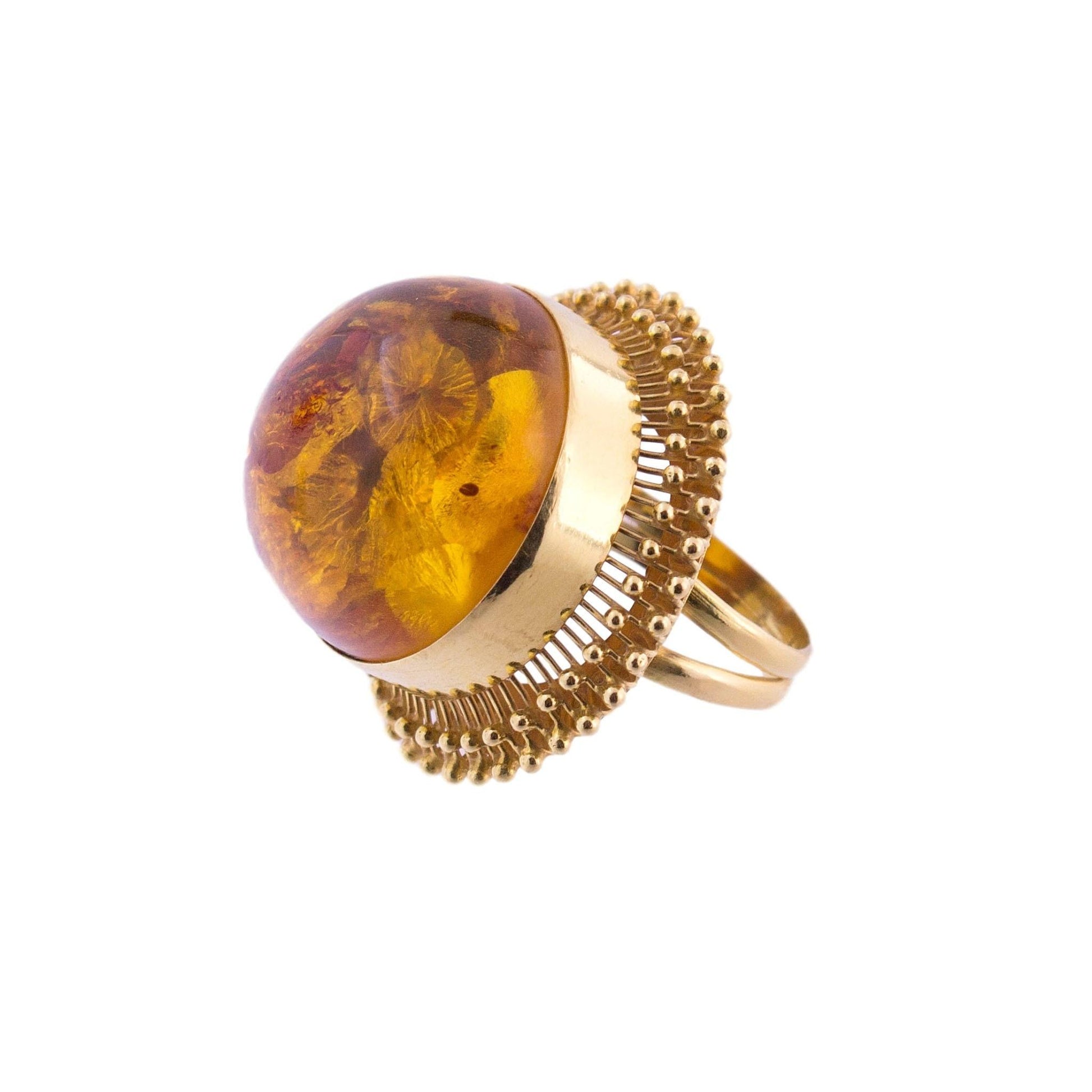 18K Gold Amber Domed Filigree Ring
