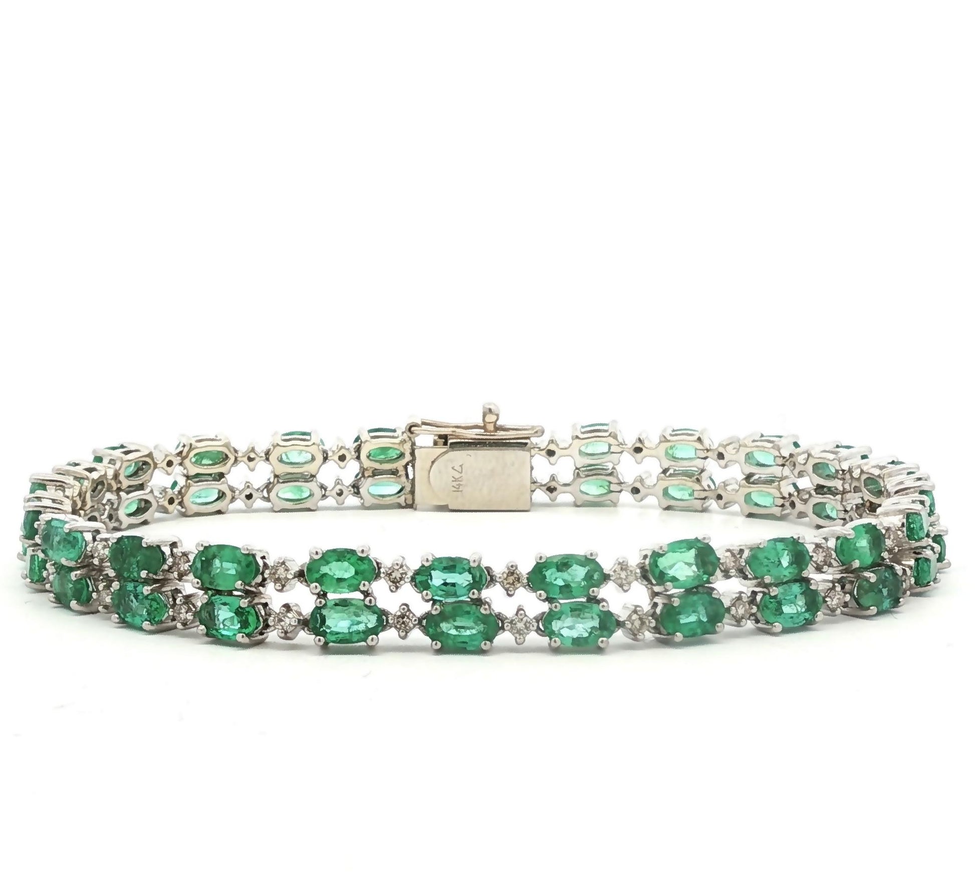 Vintage Marquise Natural Emerald and Diamond Two Row Bracelet