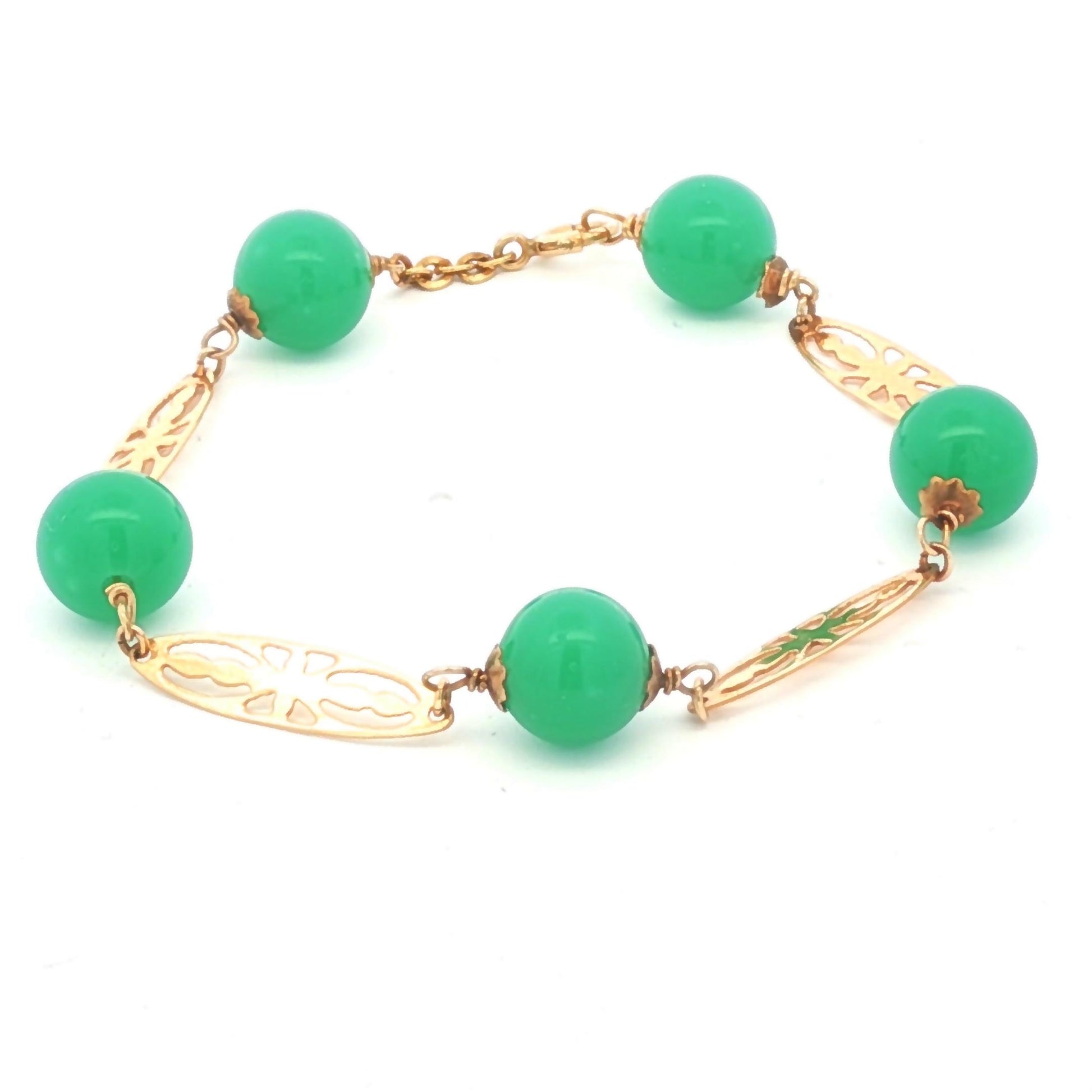 Vintage 1940's Green Onyx and 14k yellow gold Station Bracelet