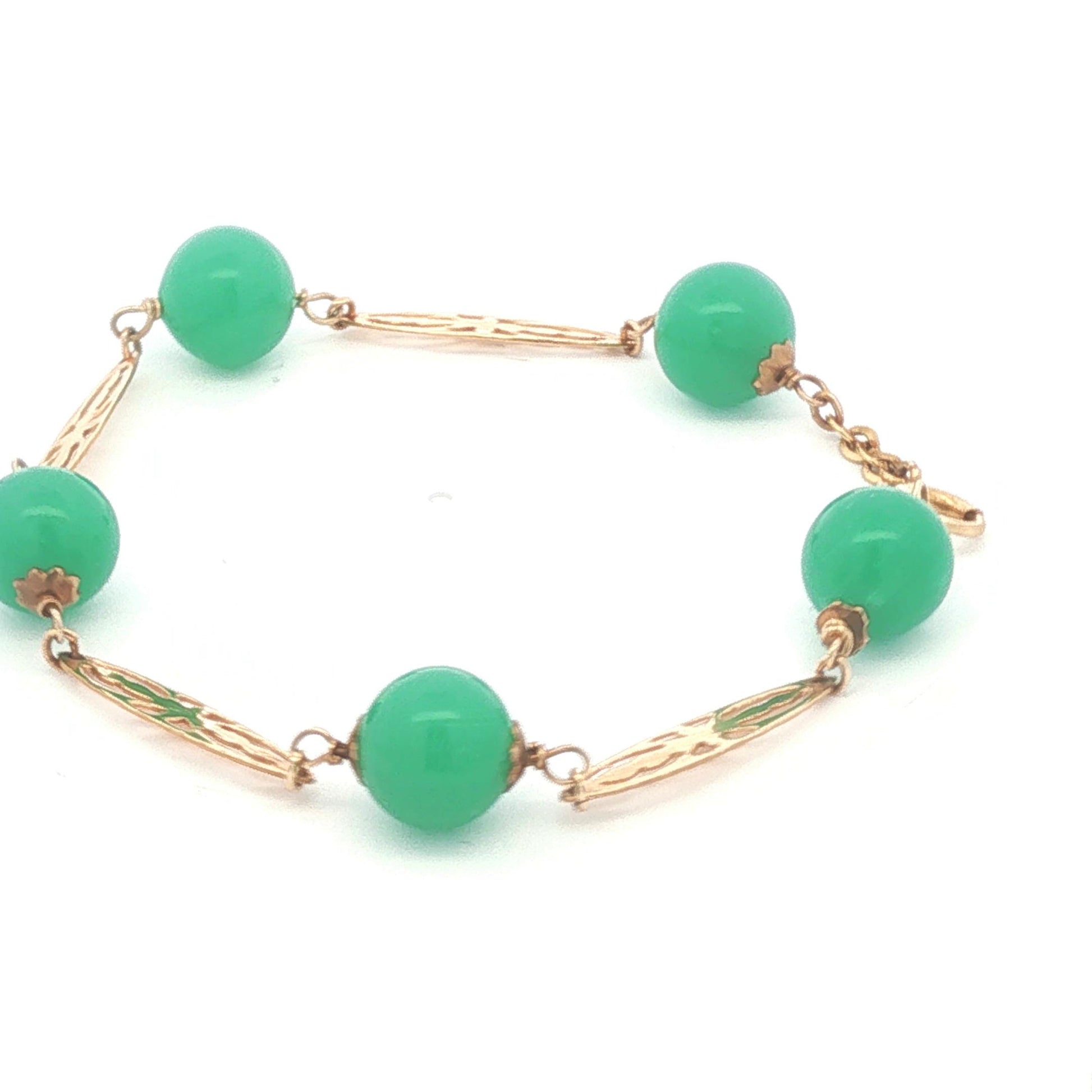 Vintage 1940's Green Onyx and 14k yellow gold Station Bracelet