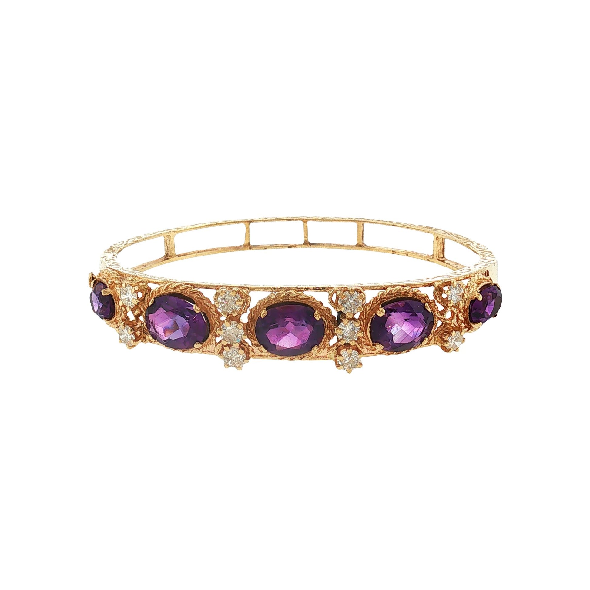 Mid-century 13k Yellow Gold Amethyst and Diamond Hinged Bracelet