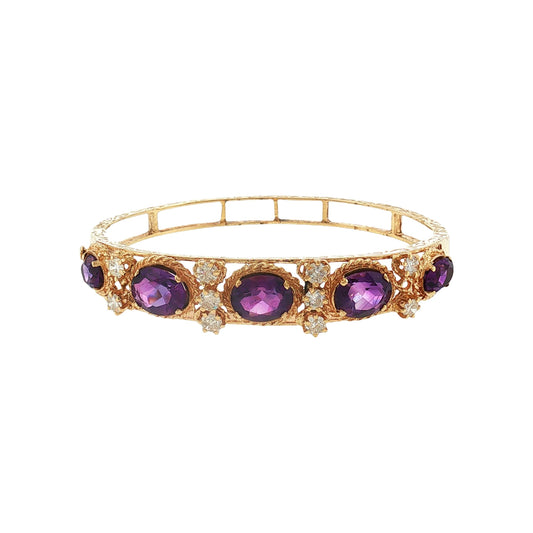 Mid-century 13k Yellow Gold Amethyst and Diamond Hinged Bracelet