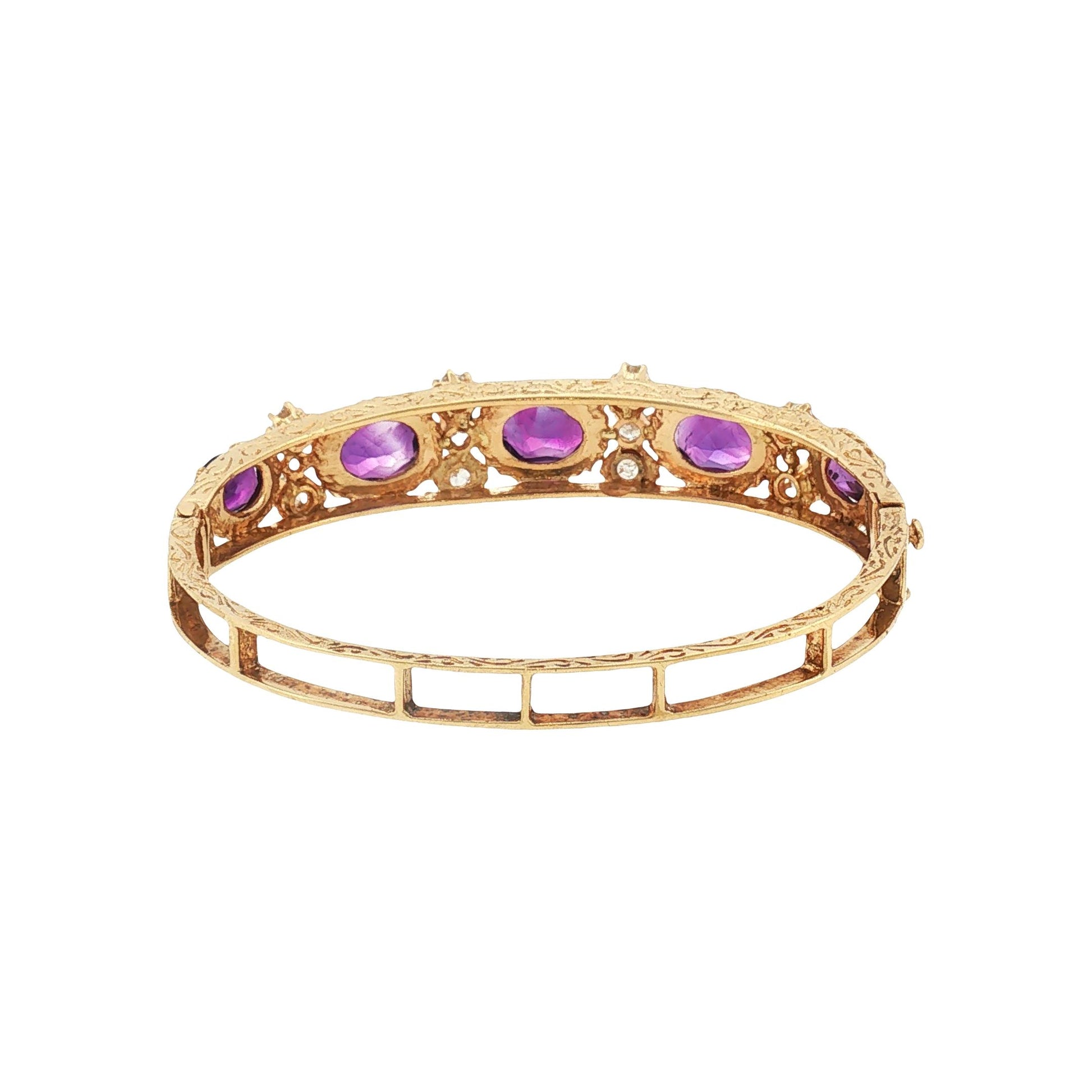 Mid-century 13k Yellow Gold Amethyst and Diamond Hinged Bracelet