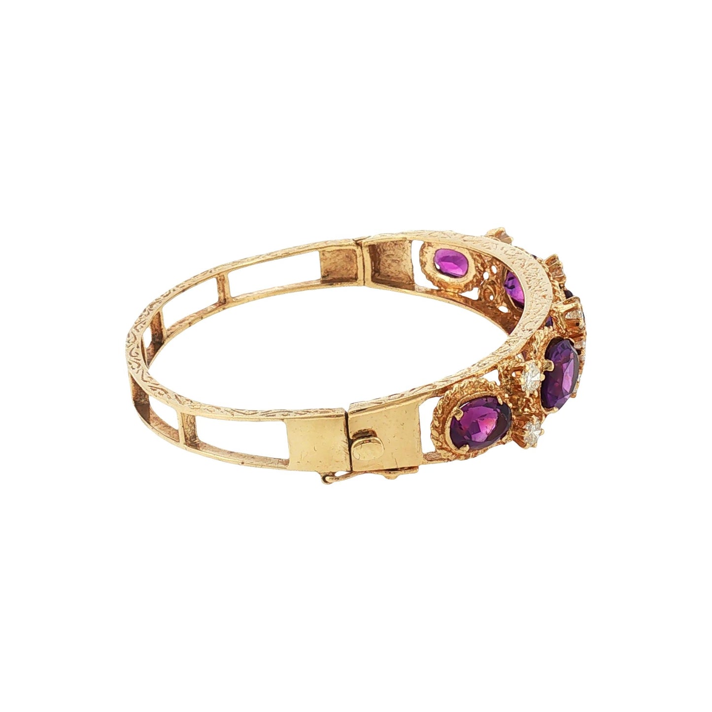 Mid-century 13k Yellow Gold Amethyst and Diamond Hinged Bracelet