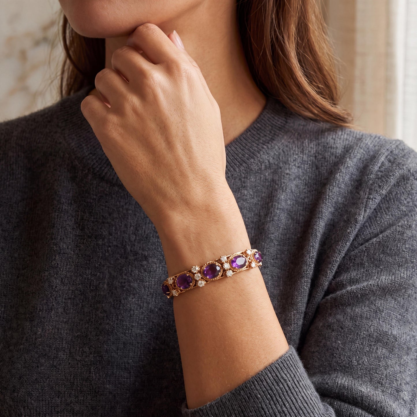 Mid-century 13k Yellow Gold Amethyst and Diamond Hinged Bracelet