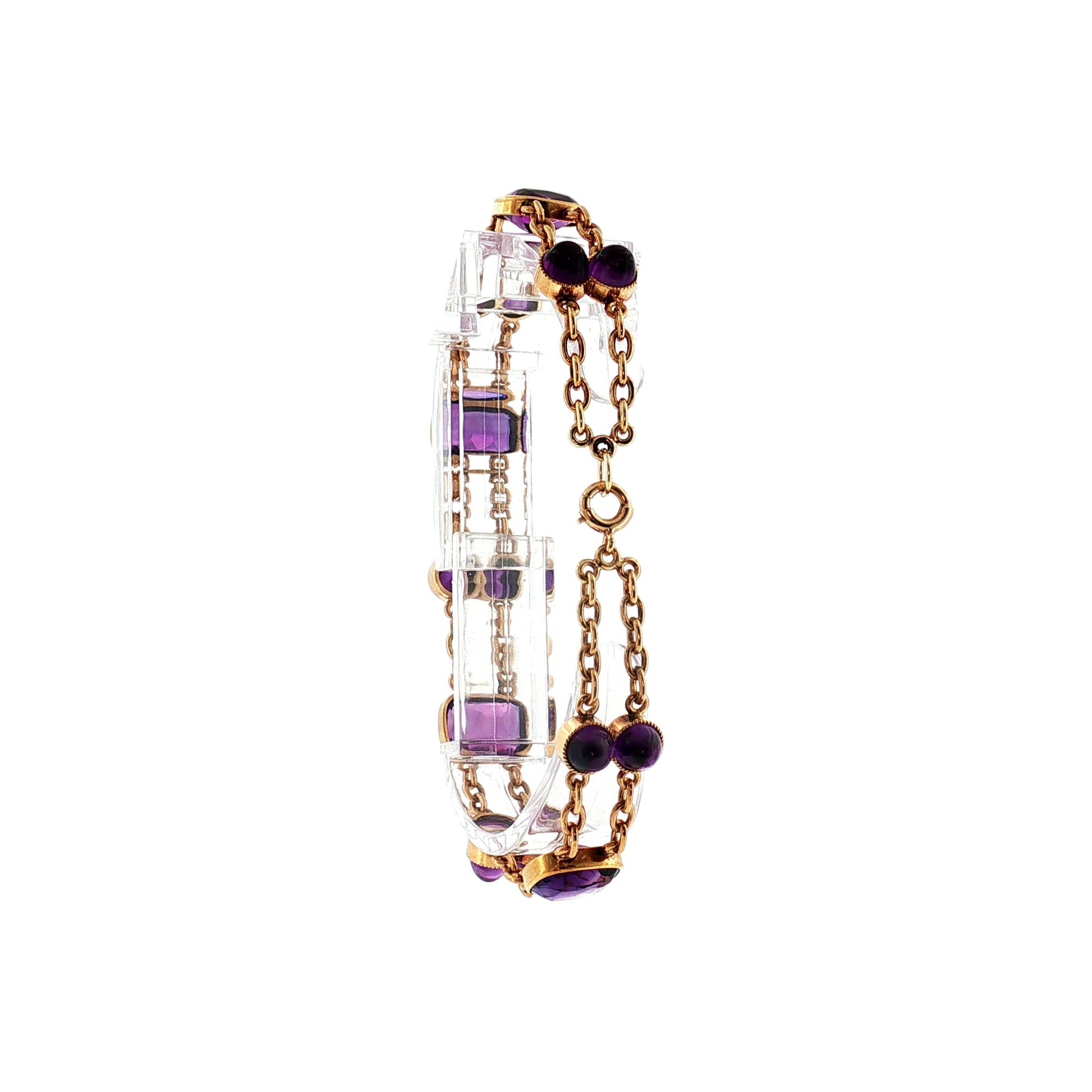 1940's 14k Rose Gold Faceted and Cabochon Fine Amethyst Link Bracelet