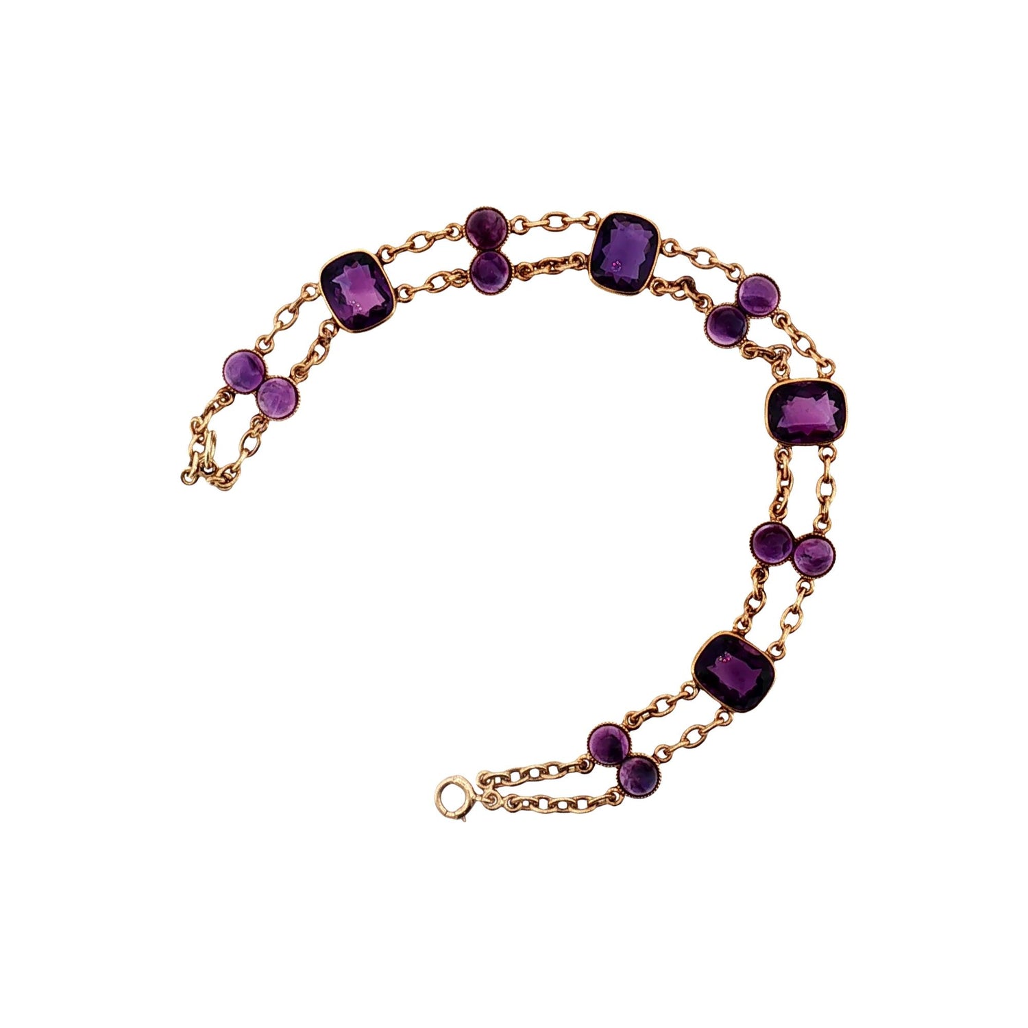 1940's 14k Rose Gold Faceted and Cabochon Fine Amethyst Link Bracelet
