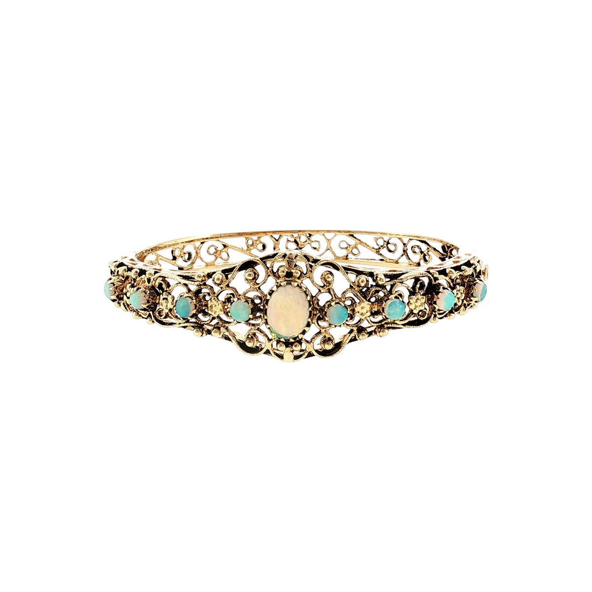 1960's Victorian Revival 14 Karat 9 Opal Hinged Bracelet