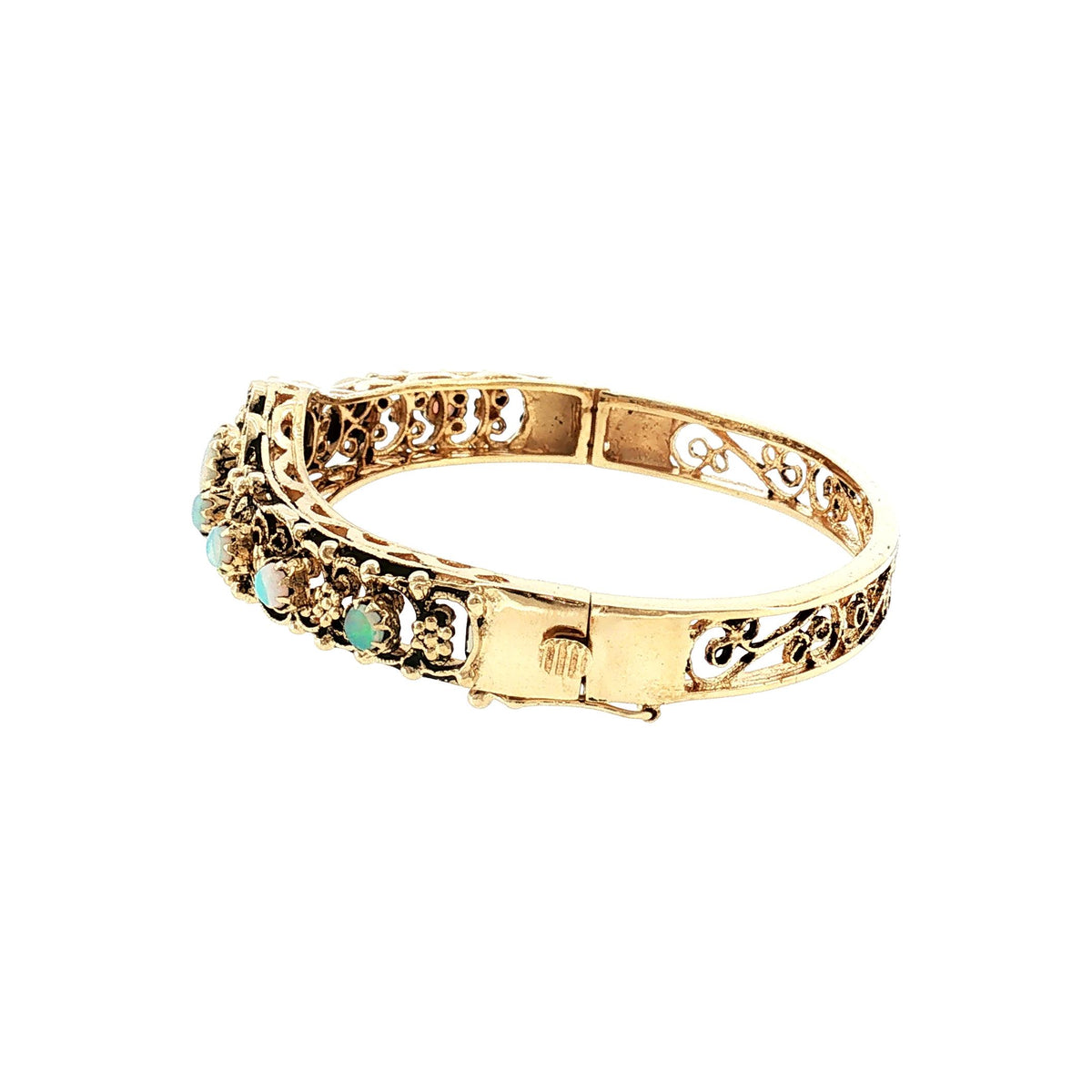 1960's Victorian Revival 14 Karat 9 Opal Hinged Bracelet