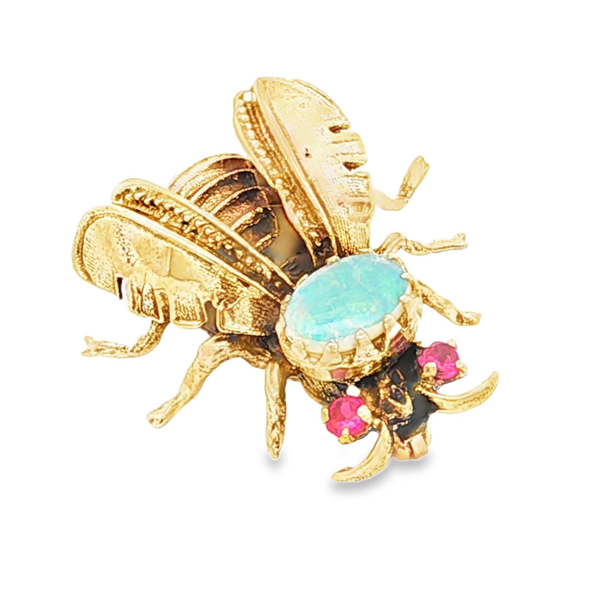 Vintage 14k yellow gold Bee Pin with a White Opal and Synthetic Ruby Eyes