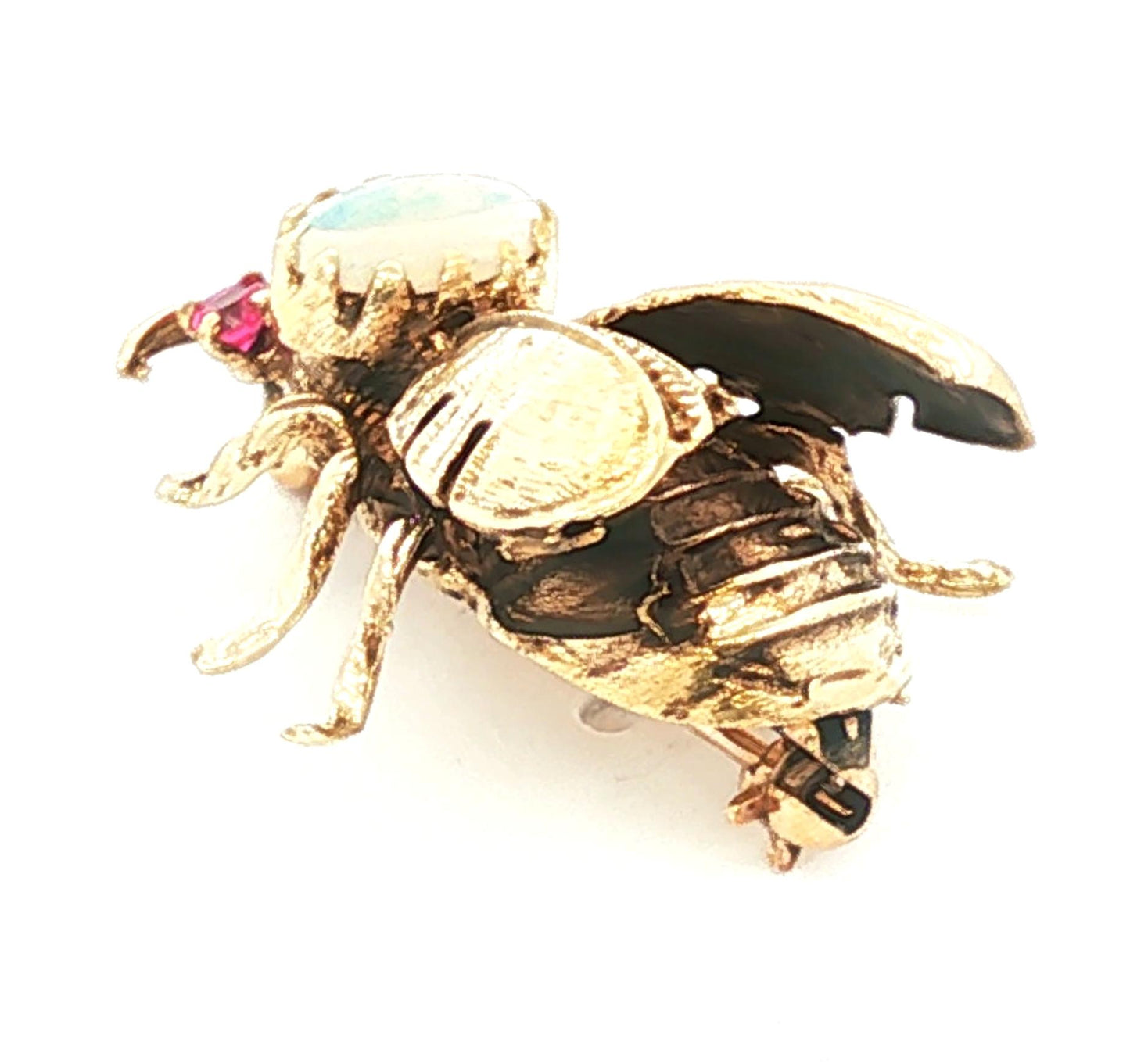 Vintage 14k yellow gold Bee Pin with a White Opal and Synthetic Ruby Eyes