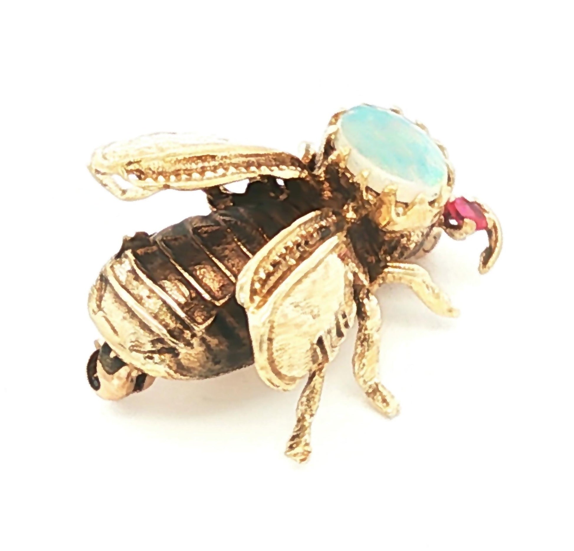 Vintage 14k yellow gold Bee Pin with a White Opal and Synthetic Ruby Eyes