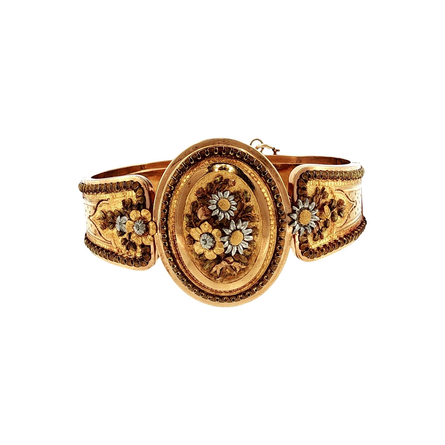 1860's 18k and Platinum Multi-Colored Gold French Flower and Engraved Bracelet