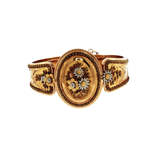 1860's 18k and Platinum Multi-Colored Gold French Flower and Engraved Bracelet