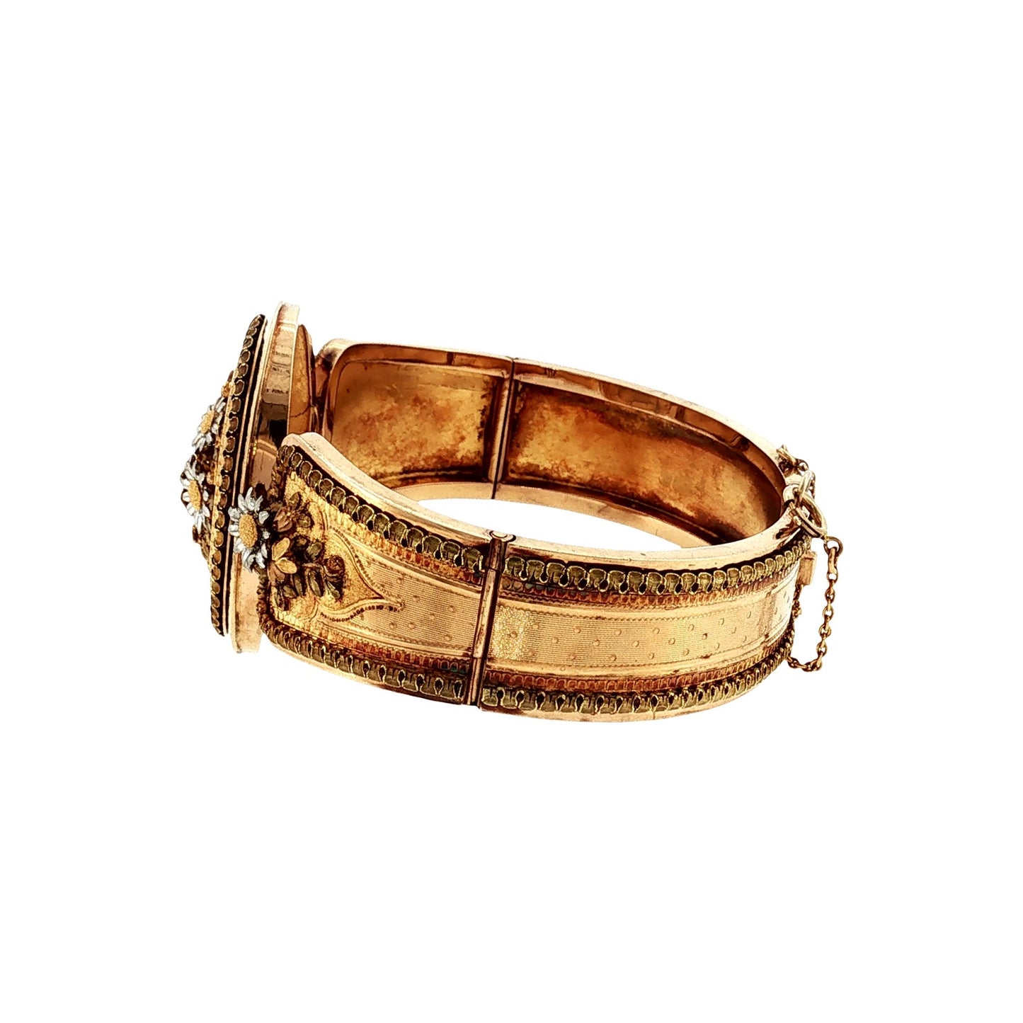 1860's 18k and Platinum Multi-Colored Gold French Flower and Engraved Bracelet