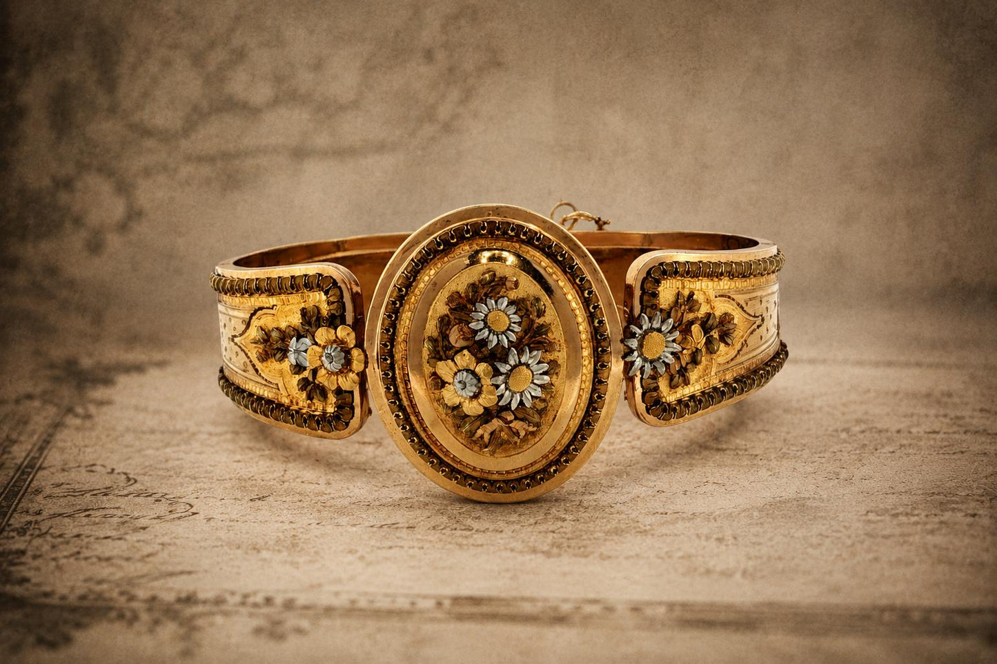 1860's 18k and Platinum Multi-Colored Gold French Flower and Engraved Bracelet
