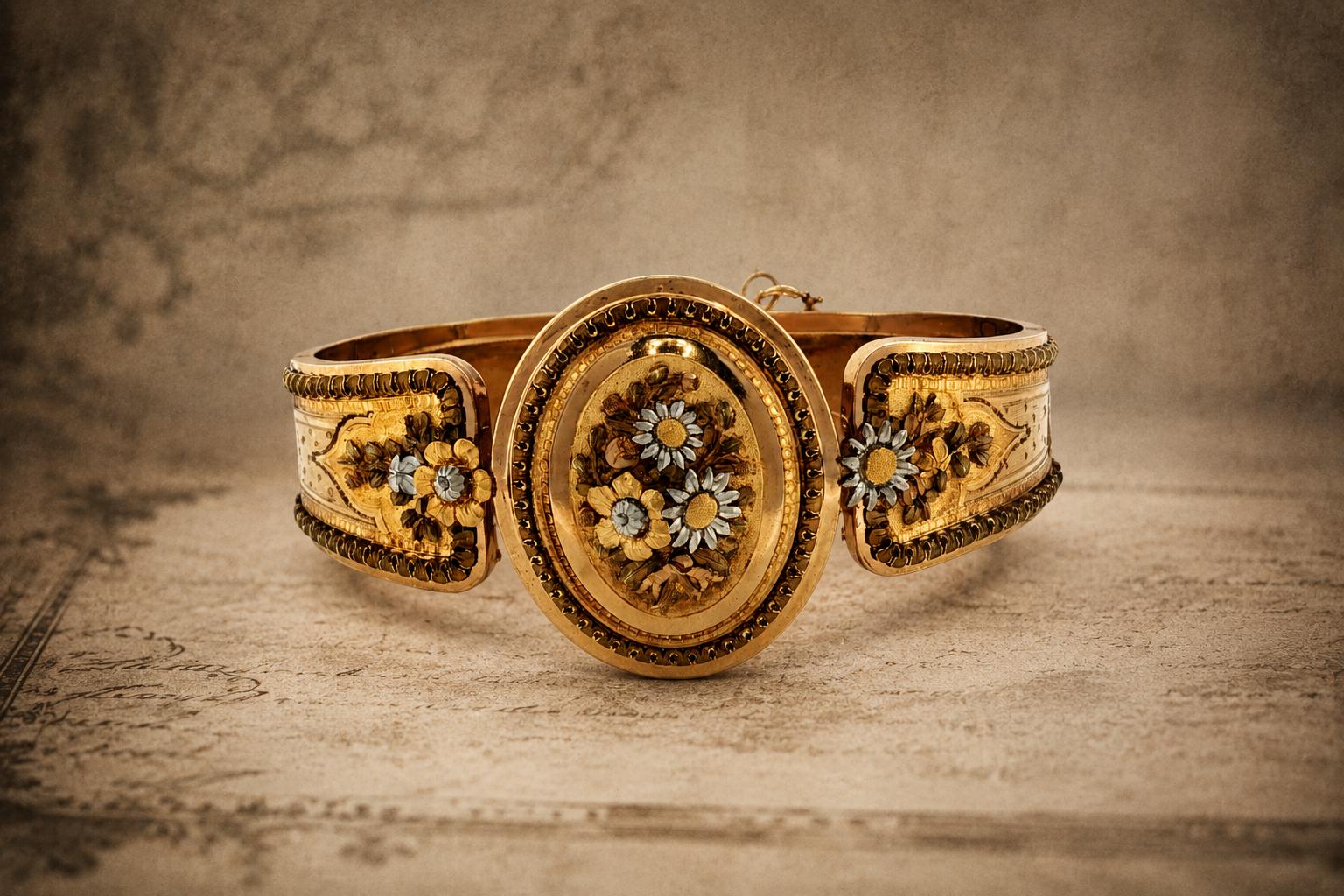 1860's 18k and Platinum Multi-Colored Gold French Flower and Engraved Bracelet
