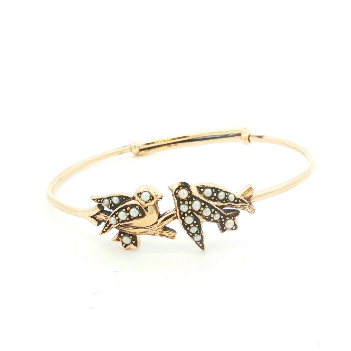 9 karat yellow gold Love Birds with Seed Pearls bangle bracelet
