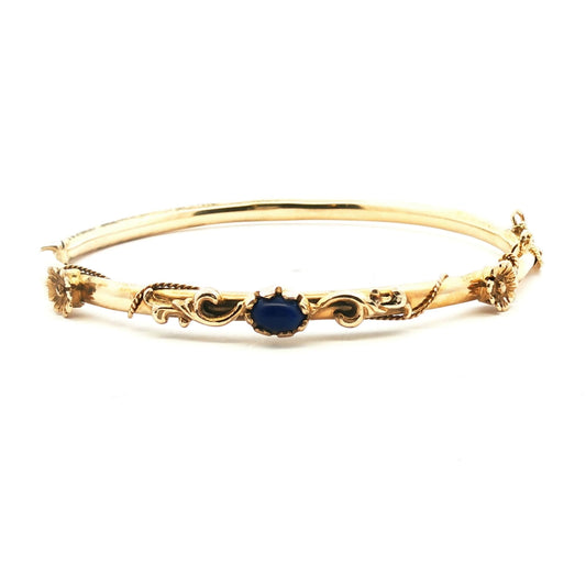 14k yellow gold Victorian Blue Glass Cabochon and Floral Design Hinged Bracelet