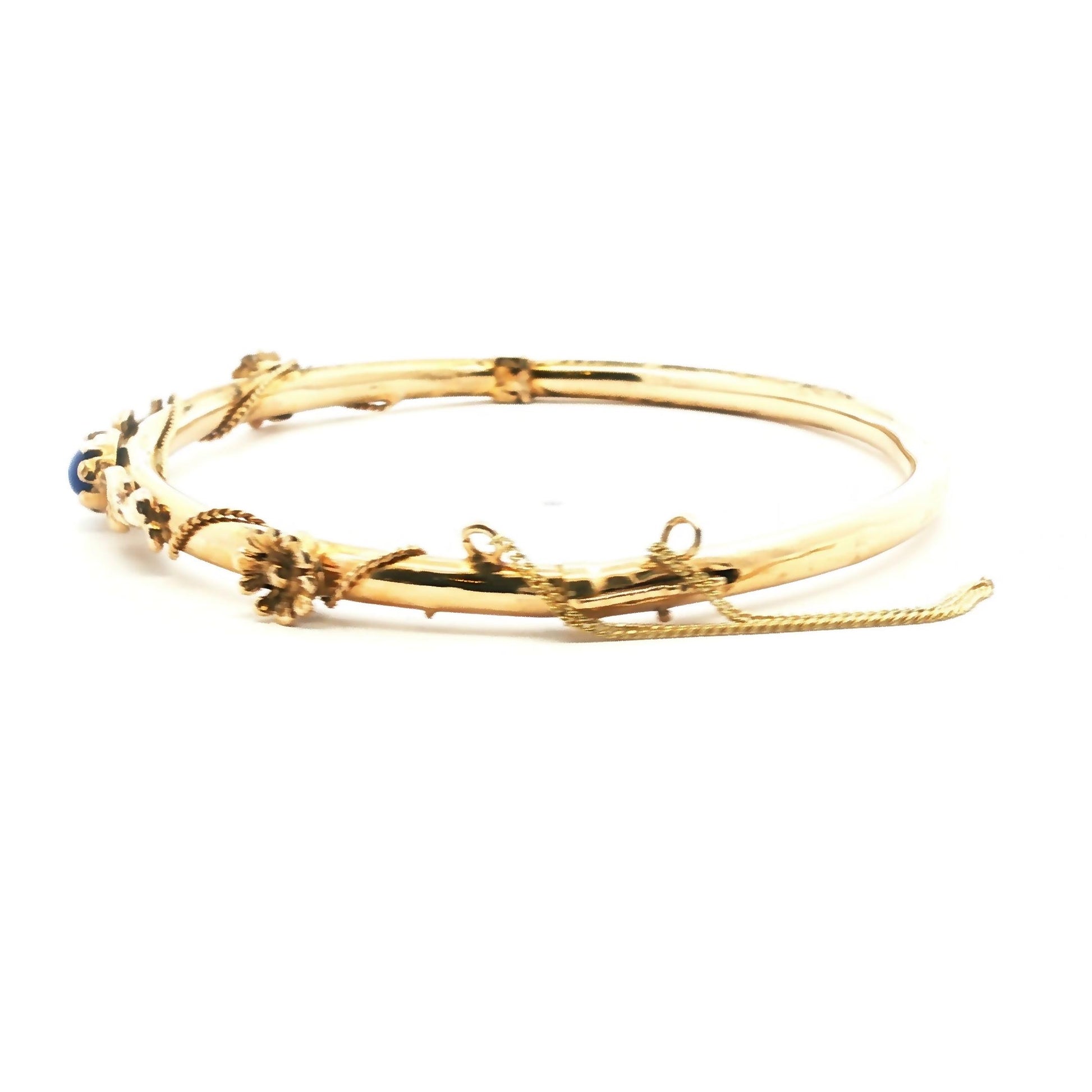 14k yellow gold Victorian Blue Glass Cabochon and Floral Design Hinged Bracelet