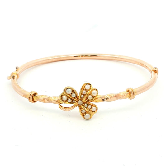 Victorian 14k yellow gold Clover Hinged Bracelet with Seed Pearls