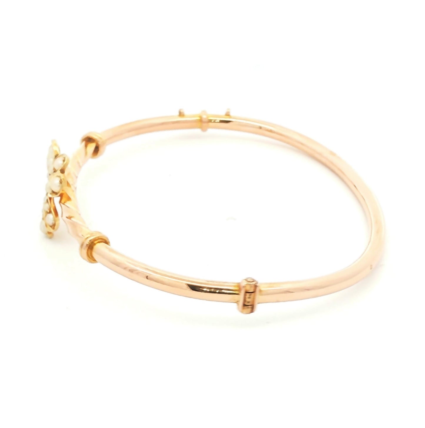 Victorian 14k yellow gold Clover Hinged Bracelet with Seed Pearls