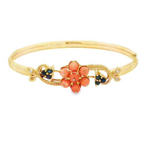 Vintage 60's Coral and Sapphire 14k Hinged Bracelet