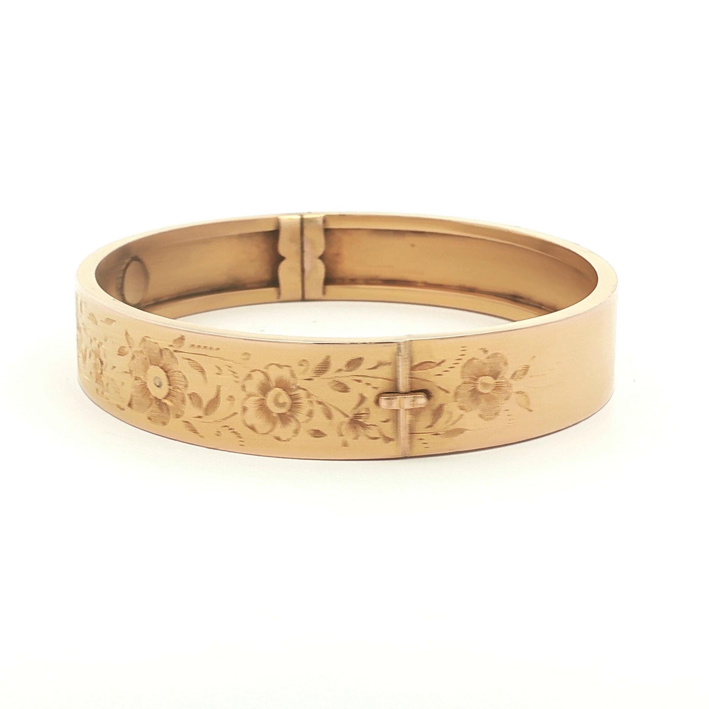 Vintage 14k yellow gold 10.5mm Wide Hand Engraved Hinged Bracelet