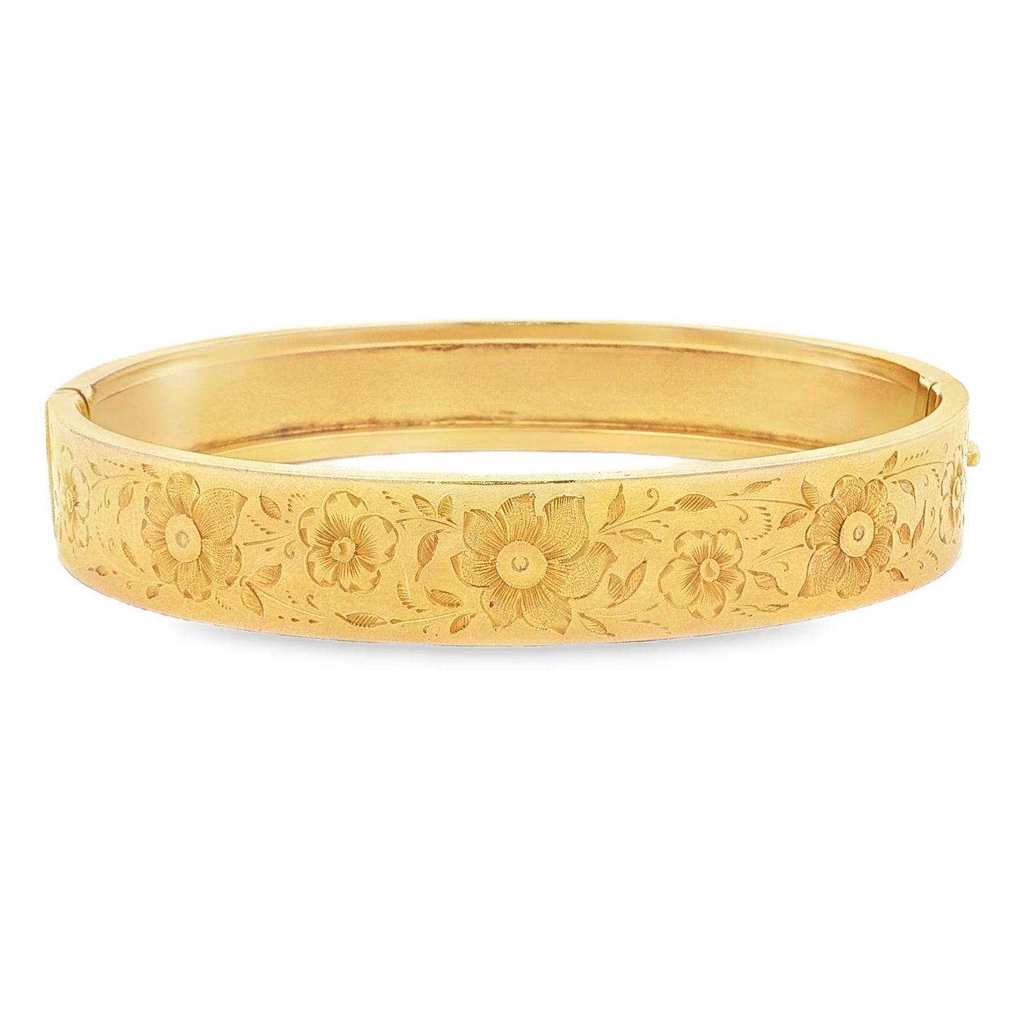 Vintage 14k yellow gold 10.5mm Wide Hand Engraved Hinged Bracelet