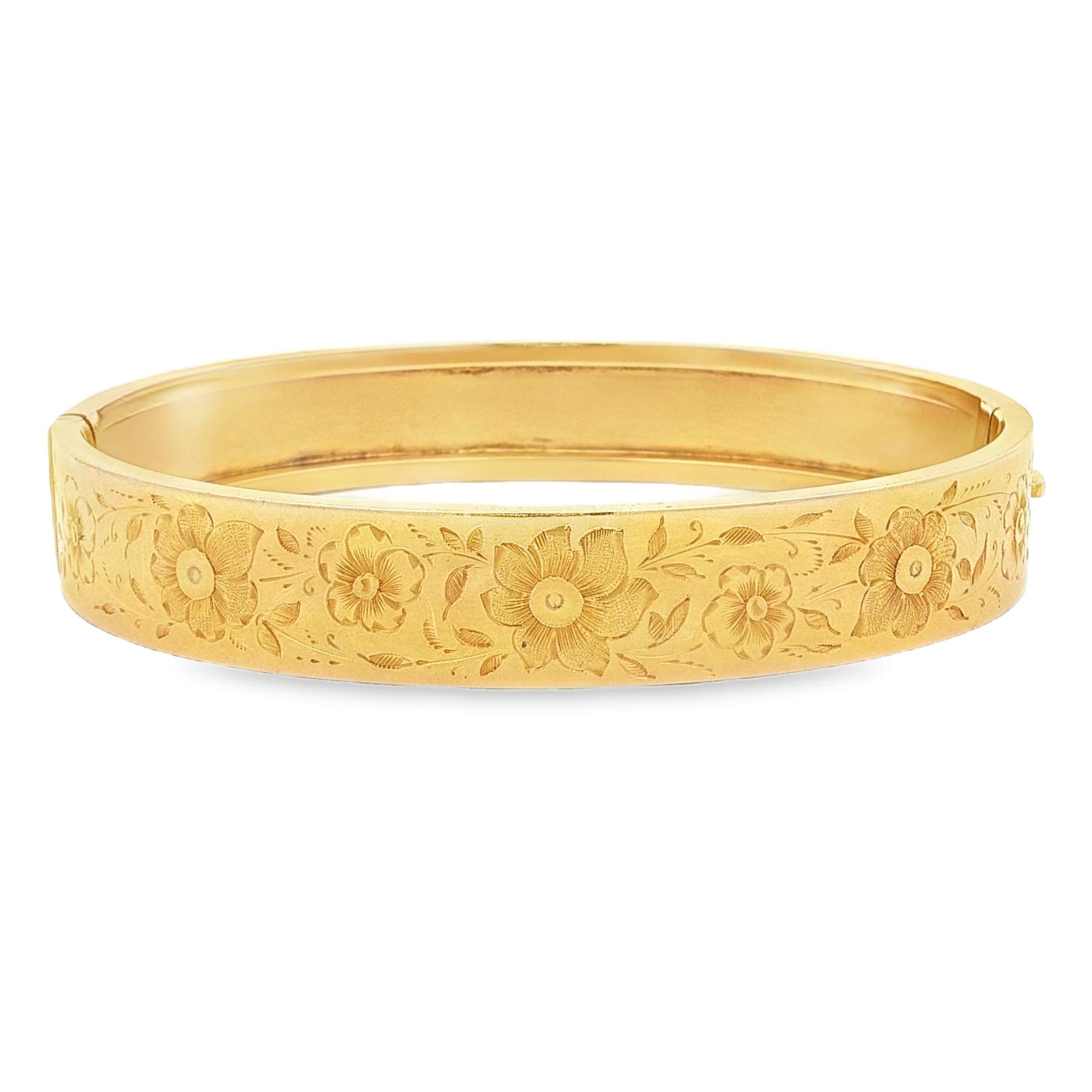 Vintage 14k yellow gold 10.5mm Wide Hand Engraved Hinged Bracelet