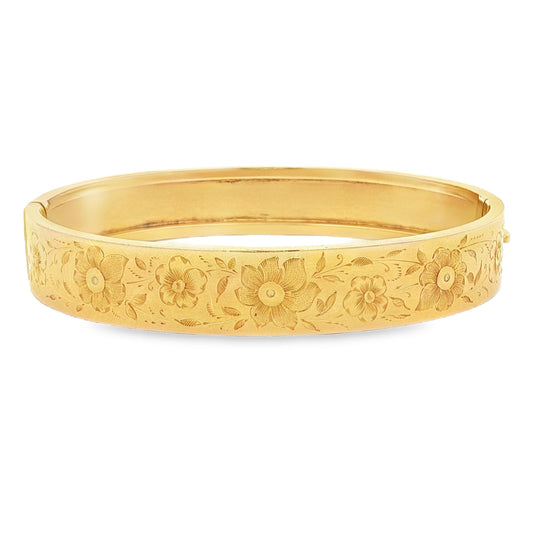 Vintage 14k yellow gold 10.5mm Wide Hand Engraved Hinged Bracelet