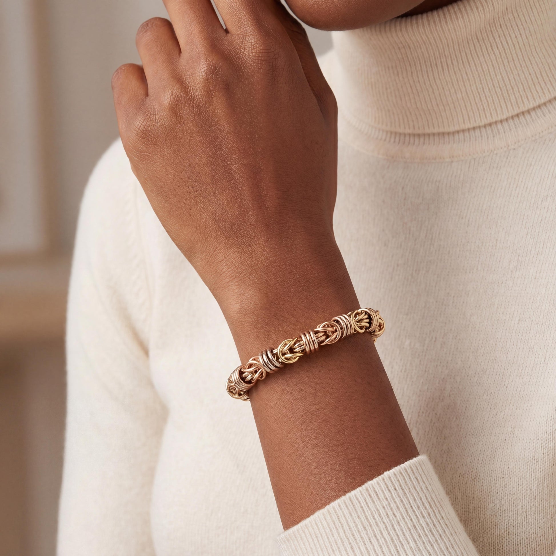 Mid Century Italian 18k Tri-Colored 8" Heavy Byzantine Bracelet