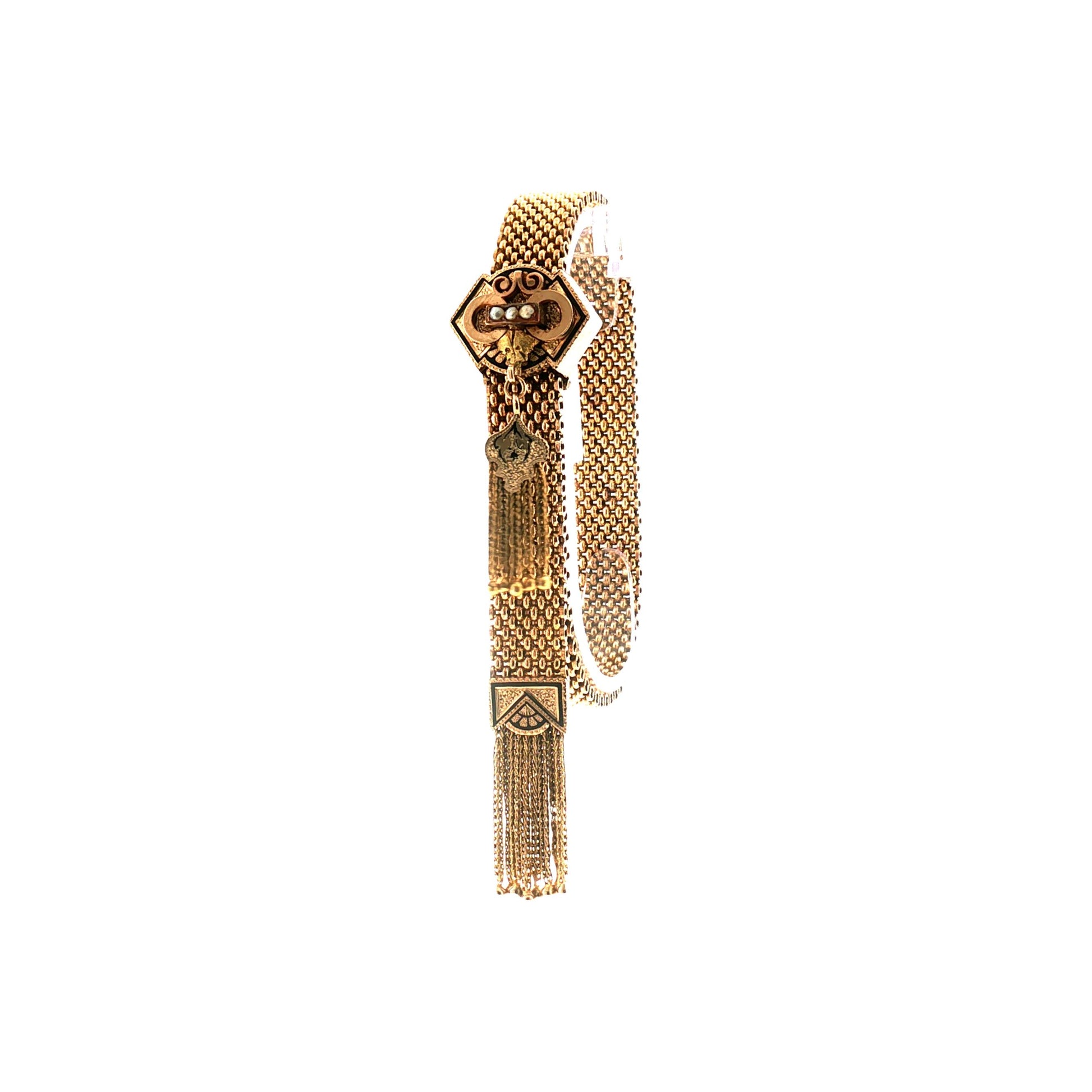 Victorian 10k Yellow Gold Slide Tassel Bracelet With Black Enamel