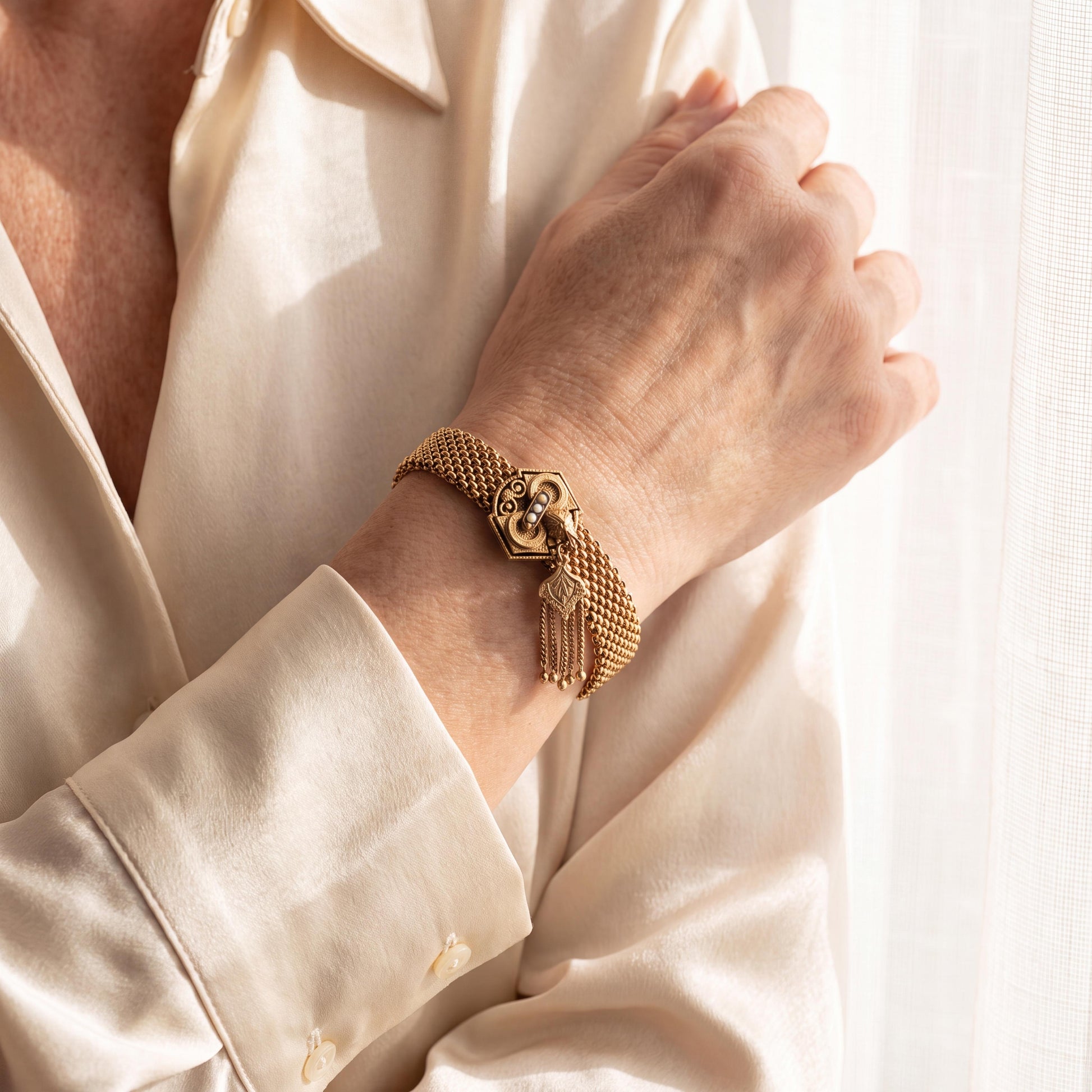 Victorian 10k Yellow Gold Slide Tassel Bracelet With Black Enamel