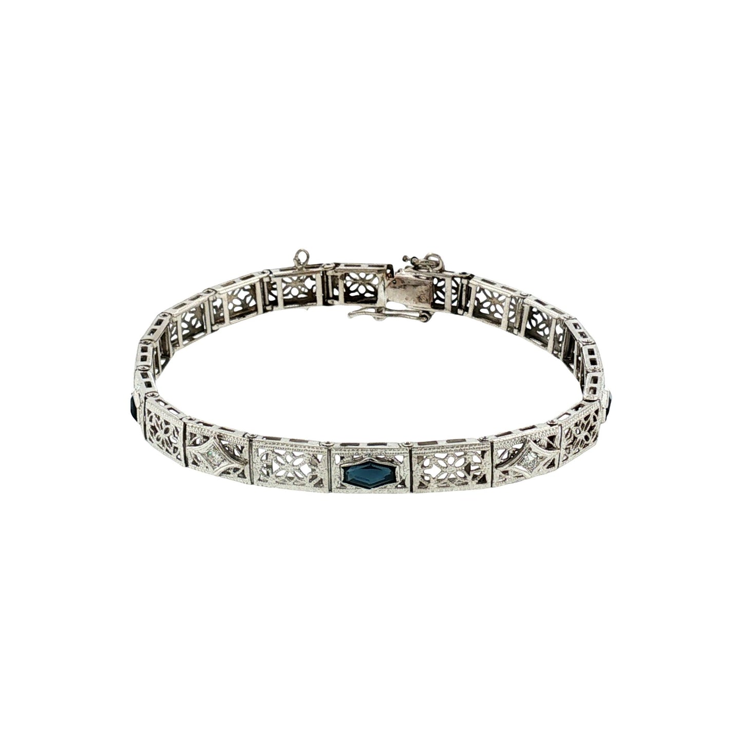 1930's 14k White Gold Synthetic Sapphire and Diamond Filigree Bracelet