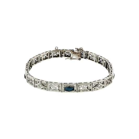 1930's 14k White Gold Synthetic Sapphire and Diamond Filigree Bracelet