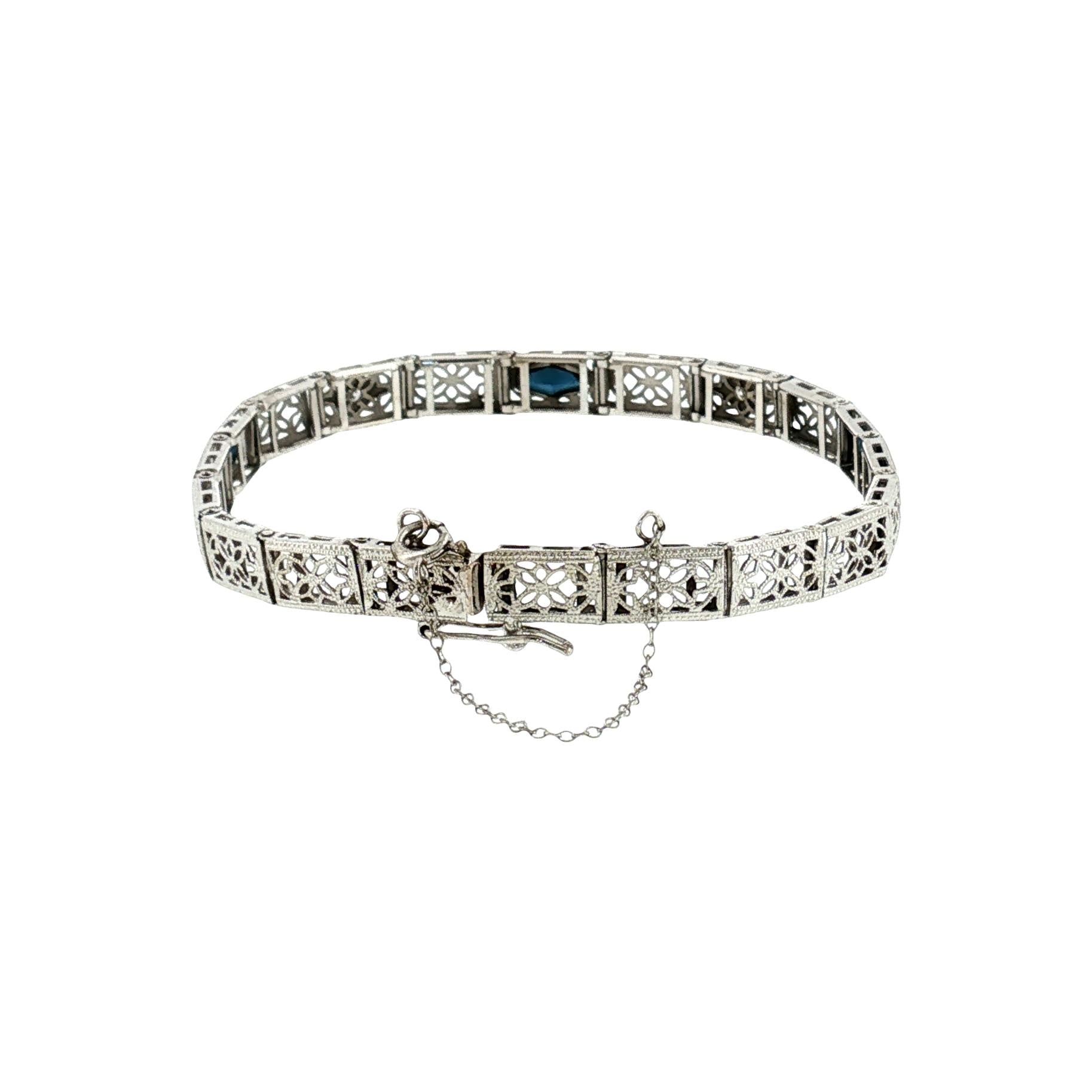 1930's 14k White Gold Synthetic Sapphire and Diamond Filigree Bracelet