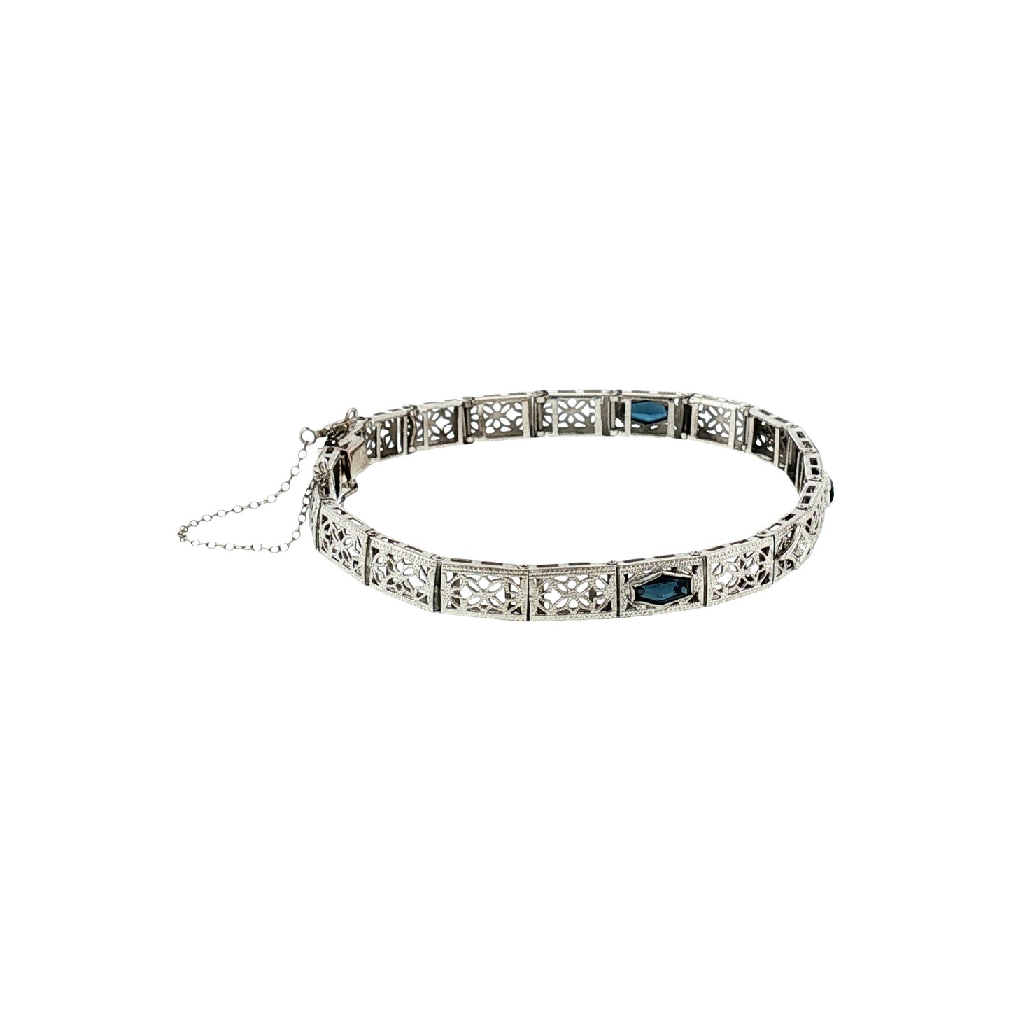 1930's 14k White Gold Synthetic Sapphire and Diamond Filigree Bracelet